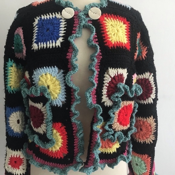 Up cycled granny square crib afghan cropped open front jacket / pockets Medium - Picture 2 of 7